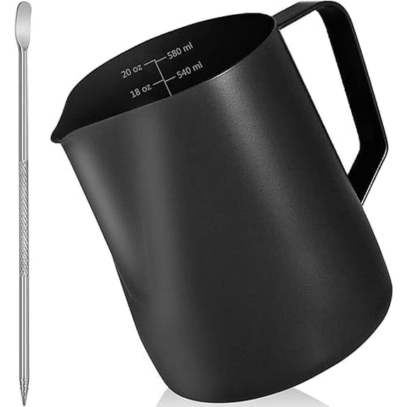 Milk Frother Pitcher 20 OZ，Espresso Milk Frothing Pitcher, Milk Steamer Cup Steaming Pitcher, Stainless Steel Coffee Froth Cup with Latte Art Pen for Coffee Cappuccino (Black)