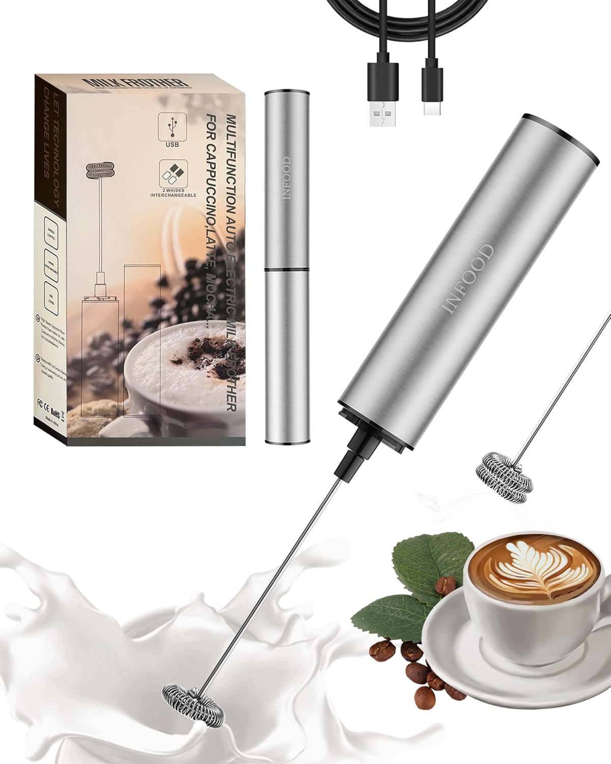 Milk Frother Rechargeable with Cover - Coffee Wand, Drink Mixer Handheld 2 Detachable Stainless Whisks Speed Adjustable for Latte, Cappuccino, Hot Chocolate, Egg, Silver