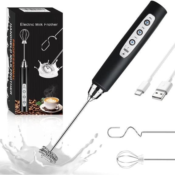 Milk Frother Rechargeable Handheld-Electric Whisk 3 Speed Adjustable, Frother Wand Coffee with 3 Stainless Whisks, Electric Maker, Drink Mixer Blender for Latte Cappuccino Matcha Egg