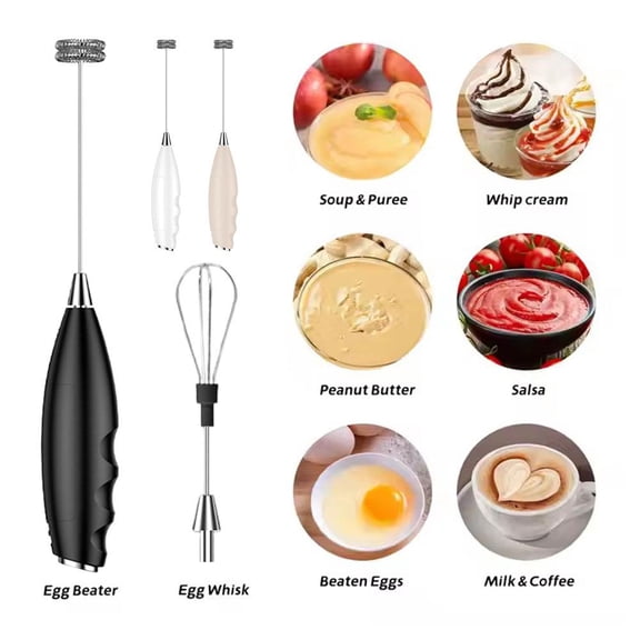 Milk Frother Rechargeable Handheld Electric Whisk, Battery Operated Coffee Whisk with 2 Stainless Steel Mixing Heads for Eggs, Cream, Latte & Baking Mixer Use