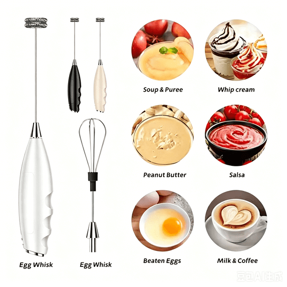 Milk Frother Rechargeable Handheld Electric Whisk, Battery Operated Coffee Whisk with 2 Stainless Steel Mixing Heads for Eggs, Cream, Latte & Baking Mixer Use