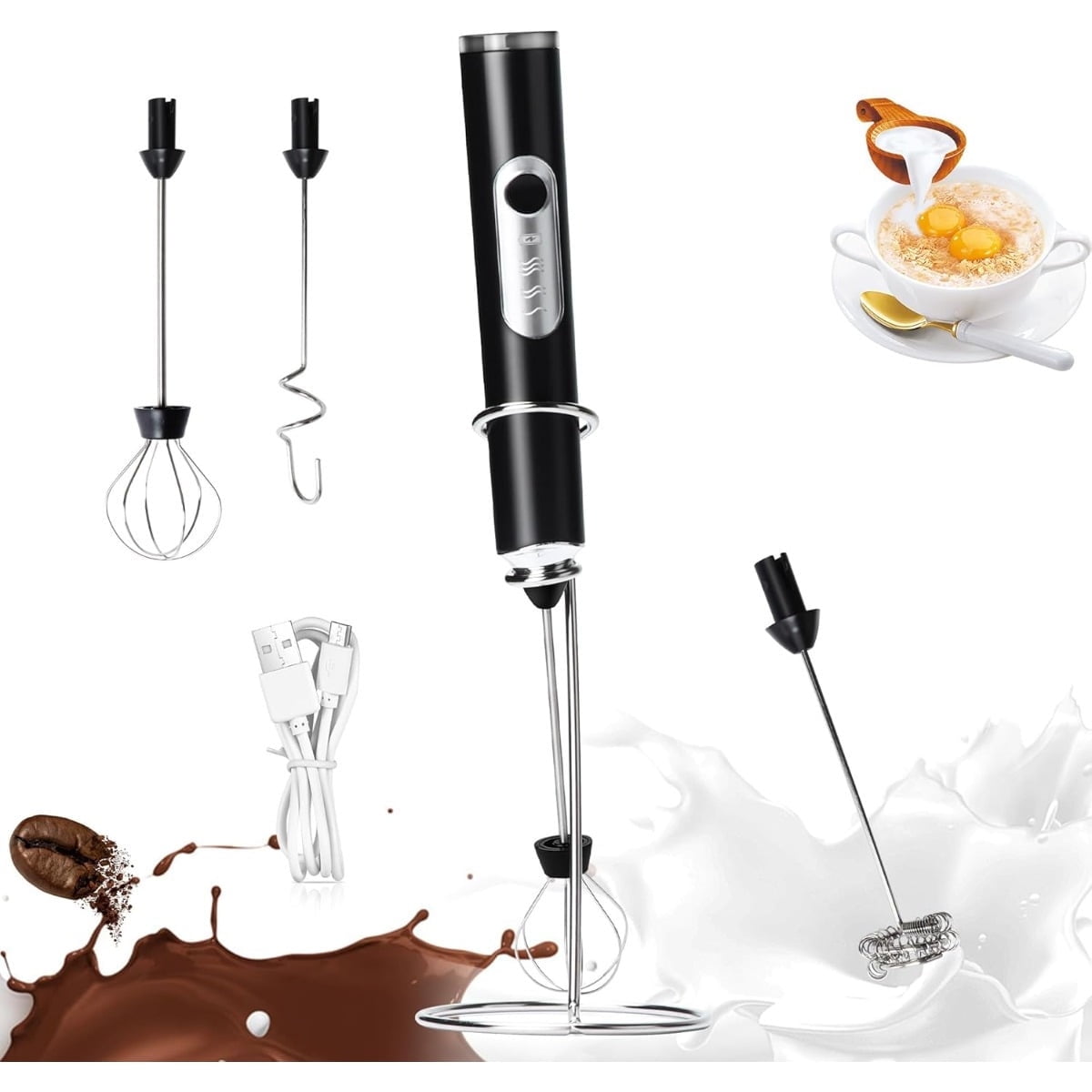 Milk Frother with Stand, 3 Speed Adjustable Handheld Electric Whisk, Drink Mixer with Stainless 3 Whisk, Hand Frother Wand Rechargeable, Foam Maker for Cappuccino Hot Chocolate Egg Latte