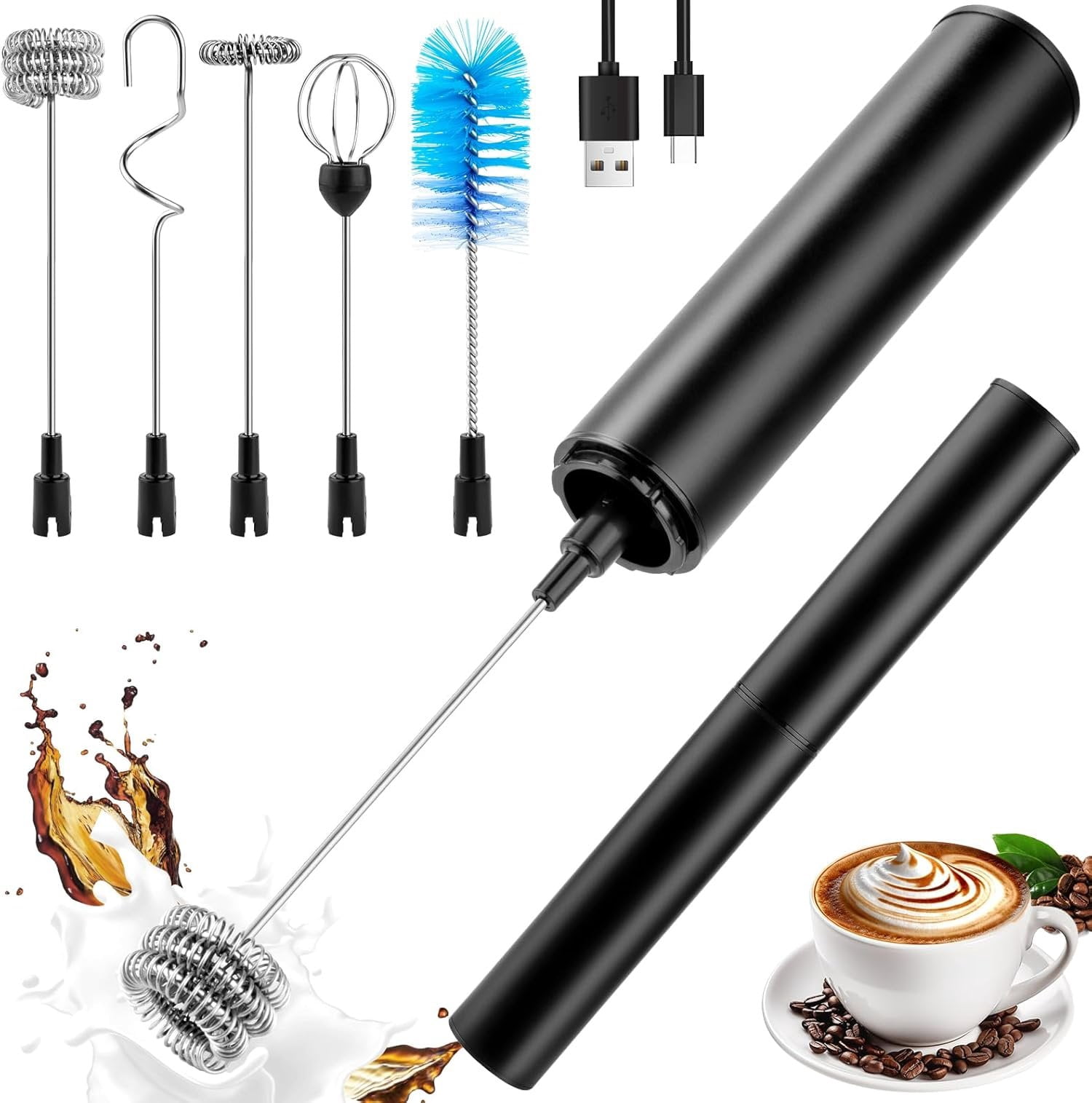 Milk Frother Wand for Coffee, Coffee Foamer Drink Mixer,Handheld Frother Rechargeable Electric Whisk with 5 Heads 2 Speeds for Latte, Cappuccino, Hot , Egg( and Travel Set Black)