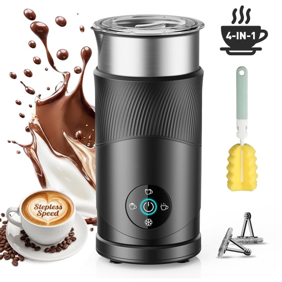 Large Capacity Milk Frother, 4-in-1 Electric Milk Steamer, 350ml Automatic Warm and Cold Foam Maker for Latte, Cappuccinos, Macchiato, 7700RPM High Speed, 120s Fast Heating, Black