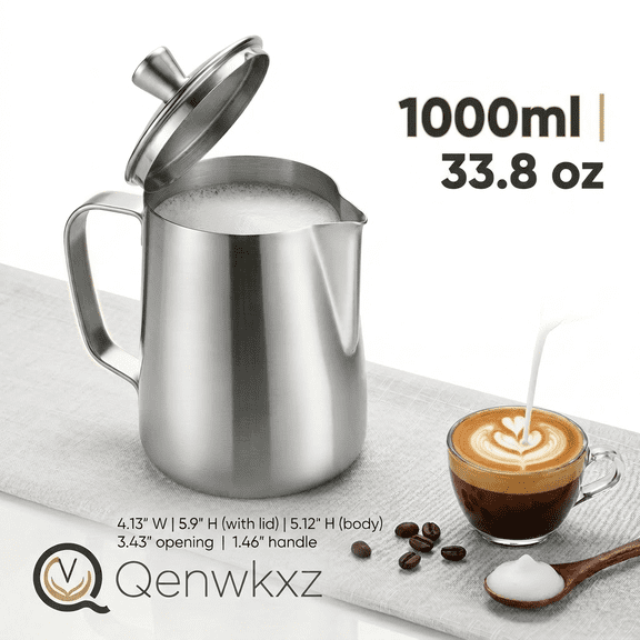 Qenwkxz Milk Frothing Pitcher with Lid, 33.8 oz Stainless Steel Espresso Steaming Pitcher for Latte Art, Milk Frother Cup for Coffee and Cappuccino