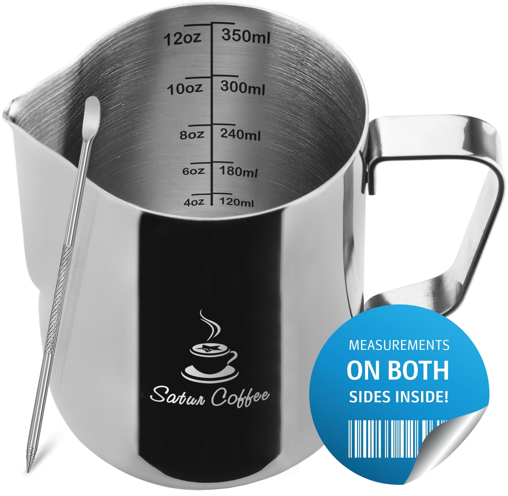GOWA Coffee Milk Frothing Pitcher Cup with Measurement Inside Thermometer Set 12oz/350ml Stainless Steel Steaming Pitcher Tool for
