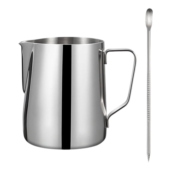 Milk Frothing Pitcher 20oz(600ML),Espresso Steaming Pitchers with Ergonomic Anti-Scald Handle,Stainless Steel Milk Frother Cup with Latte Art Needle, 1Pc, Durable & Easy to Clean(Silver,3.5x3.5x4.3")