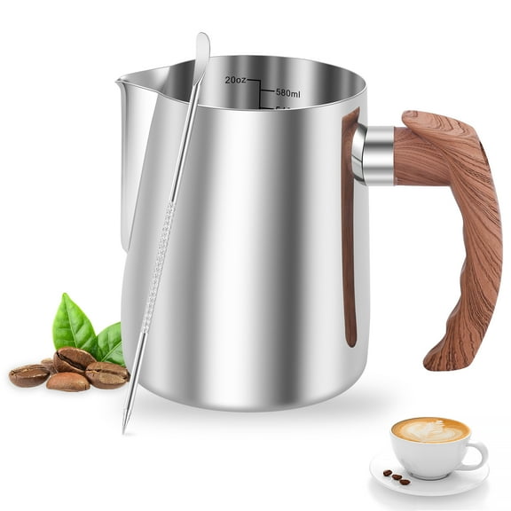 Milk Frothing Pitcher 20oz/600ml with Coffee Art Pen 304 Stainless Steel Barista Espresso Pitcher with Ergonomic Handle and Measurement Scale for Latte Art