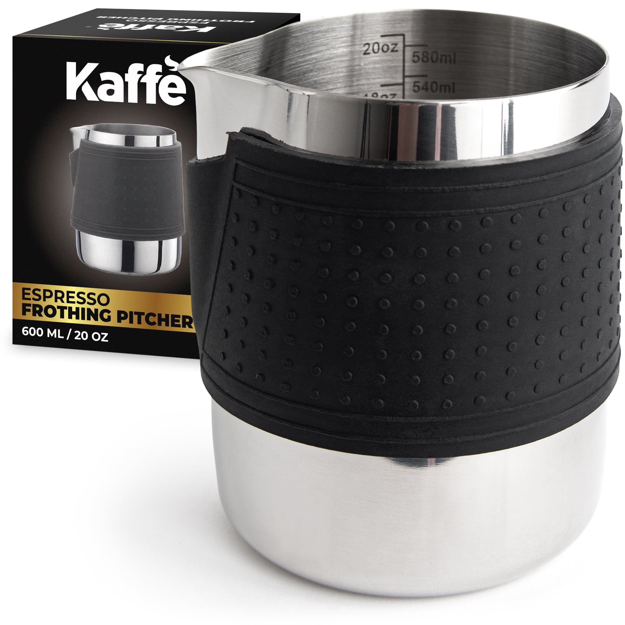 Milk Frothing Pitcher 20oz, Stainless Steel with Anti-Burn Silicone Sleeve, Dripless Spout, Kaffe