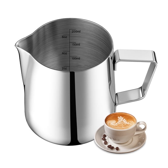 Milk Frothing Pitcher, 6.8oz/200ml Stainless Steel Milk Frother Cup, Small Steaming Pitcher for Espresso Machine, Latte Art Pour Cup