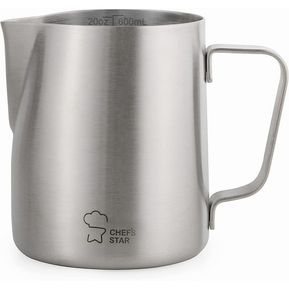 Milk Frothing Pitcher Stainless Steel, Steaming Jug Perfect for Espresso Maker, Hot Chocolate, Latte Art Barista and Cappuccino Maker, 20 oz(600 ml) by Chef's Star