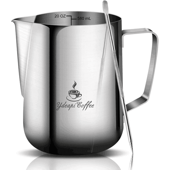 Milk Frothing Pitcher, YDEAPI 20oz / 580ML Stainless Steel Steaming Pitcher Jug Coffee frothing Cup with Measurement Inside & Decorating Art Pen, Perfect for Coffee Espresso Cappuccino Latte Art
