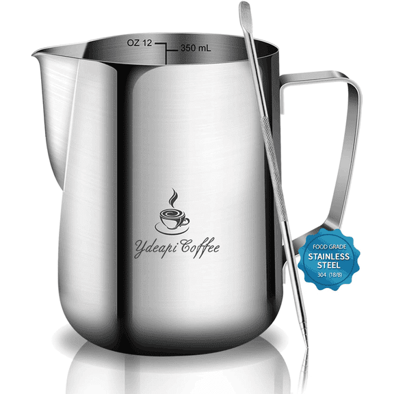 Milk Frothing Pitcher, YDEAPI Stainless Steel Steaming Pitcher Jug Coffee Frothing Cup with Measurement Inside & Decorating Art Pen, Perfect for Coffee Espresso Cappuccino Latte Art12oz/350ml