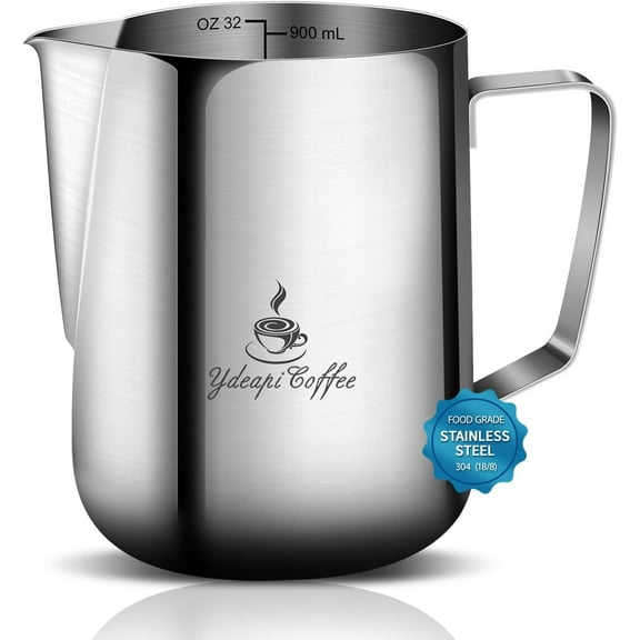 Milk Frothing Pitcher, YDEAPI Stainless Steel Steaming Pitcher Jug Coffee frothing Cup with Measurement Inside, Perfect for Coffee Espresso Cappuccino Latte Art32oz/900ml)