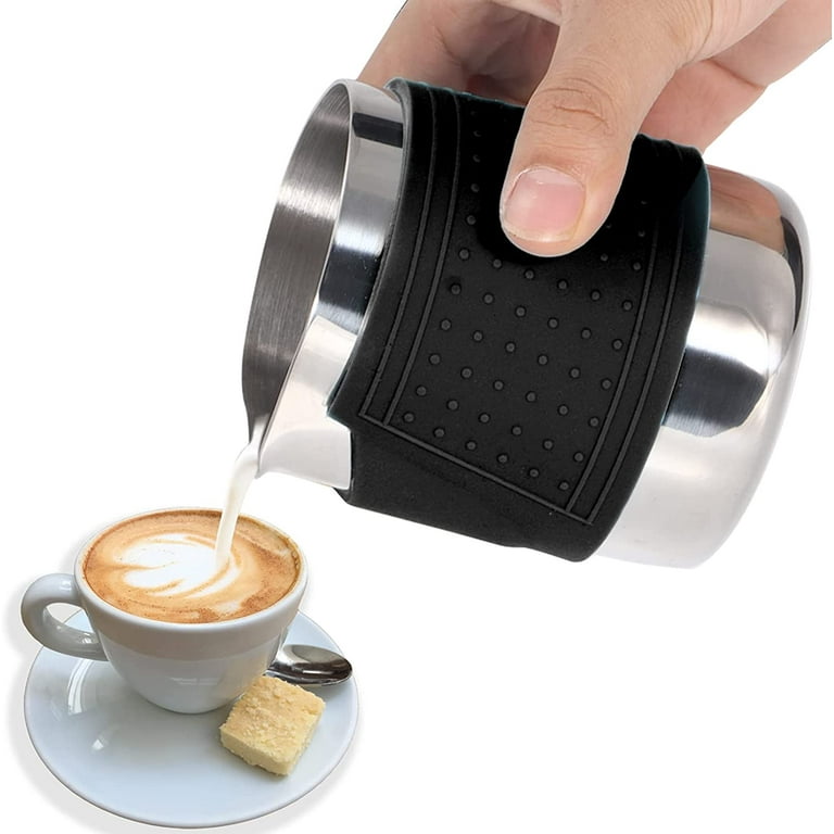 Milk Jug, Stainless Steel Milk Jug Espresso Steamer with Silicone Lid  Barista Accessories for Latte Making (Black)