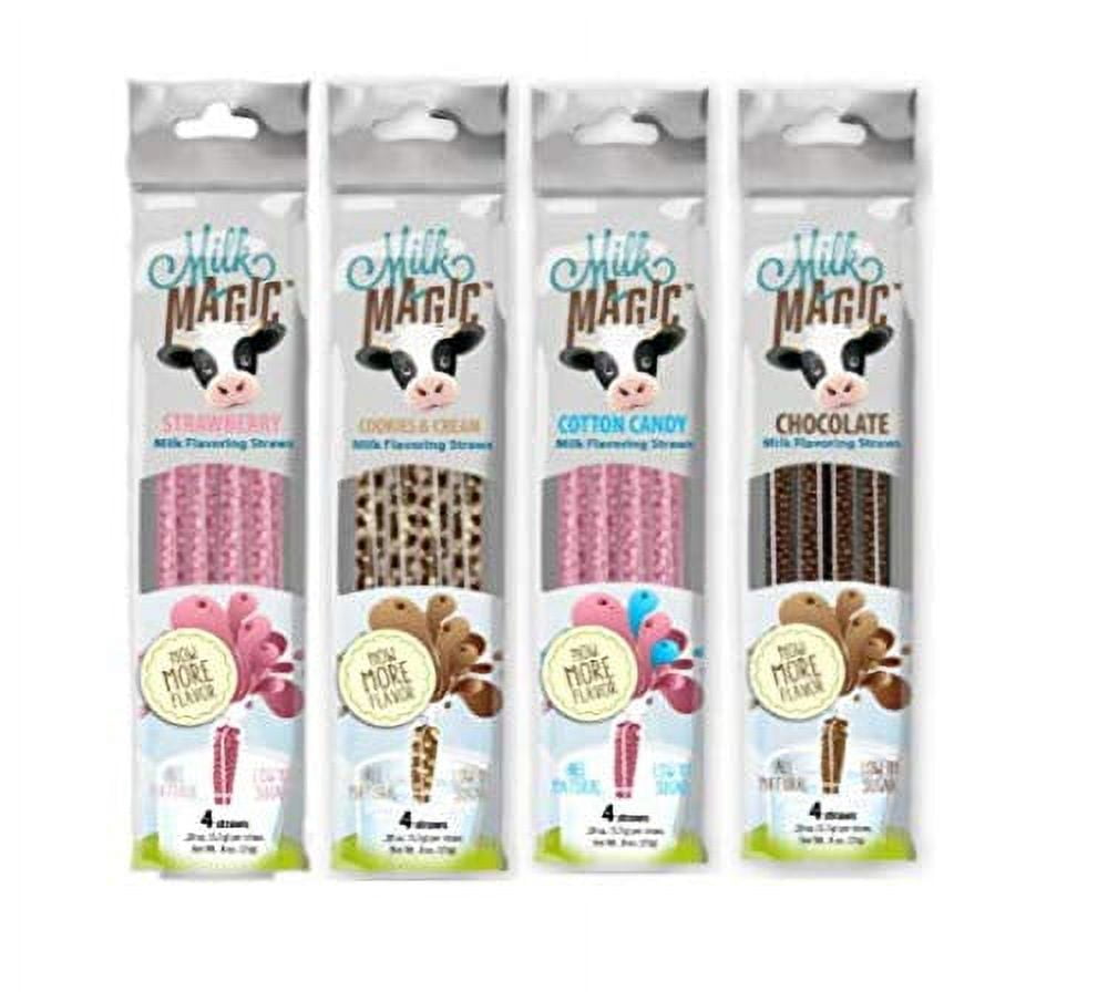 Milk Magic Mix Flavor Edible Stirrers, 4Pack (16 Straws) Chocolate, Strawberry, Cotton Candy
