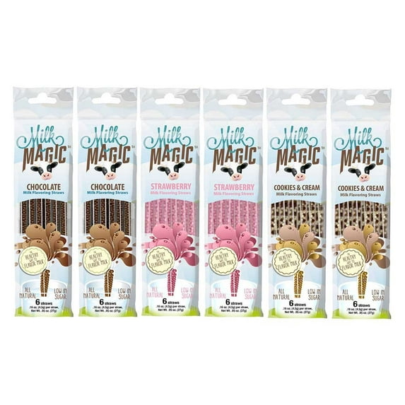 Milk Magic Milk Flavoring Straws Bundle: 2 Chocolate, 2 Strawberry, 2 Cookies & Cream (6 packs total)
