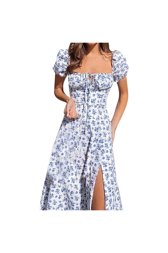 Milk Maid Dress for Women Floral Corset Dress Summer Puff Sleeve Floral Split Maxi Dress Boho Casual Beach Dress, 2025 Under 10 Dollar Limited Time
