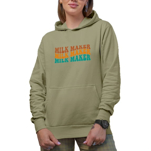 Milk Maker, Dairy Farmer or Breastfeeding Mom Themed, Groovy Retro Wavy Text Merch Gift, Sand Hooded Sweatshirt or Hoodie, Small