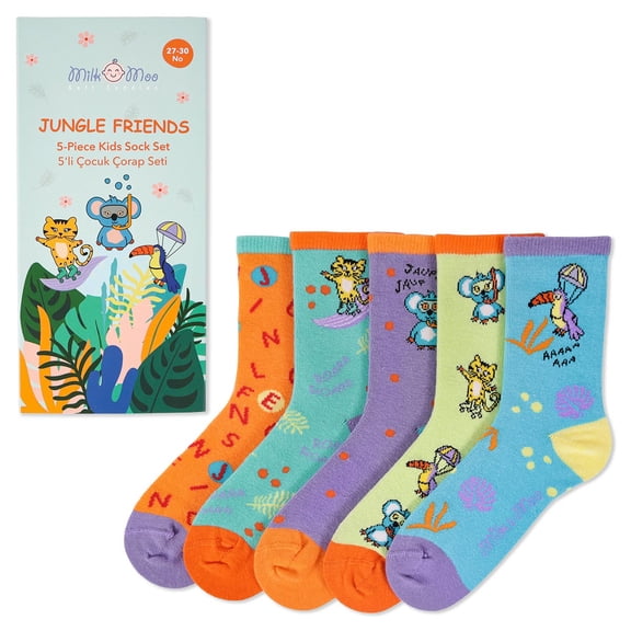 Milk&Moo Jungle Friends 5-Pack Kids Socks, Size 27-30, Soft and Durable Fabric