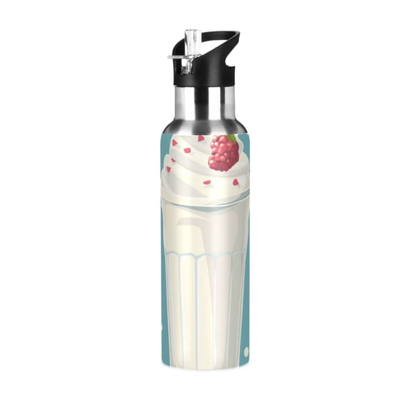 Milk Shake with Raspberry Sports Bottle with Straw Stainless Steel Water Jug Portable Thermal Cup Leak-proof 600ML