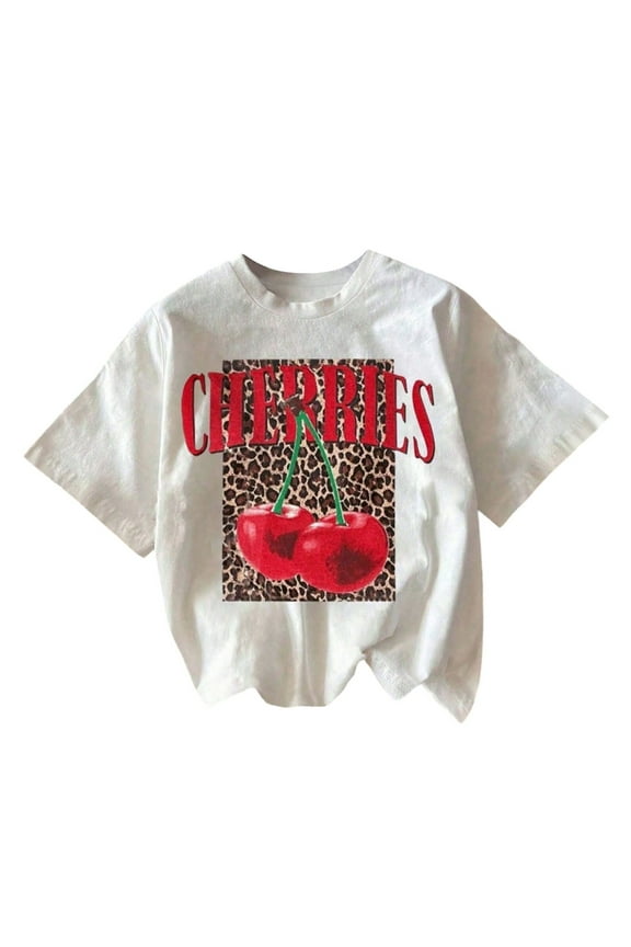 Milk Shreds Women's T-ShirtsLadies' Round-Neck Short-Sleeved Summer T-Shirt with Leopard Print Cherry Letter Pattern White L