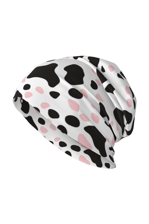 Milk Silk Knitted Pullover Hat 1110.6in Double Layer Design Strong Sweat Absorption For Daily Exercise Travel Simple Cow Print Pattern White Background, Pink And White_1