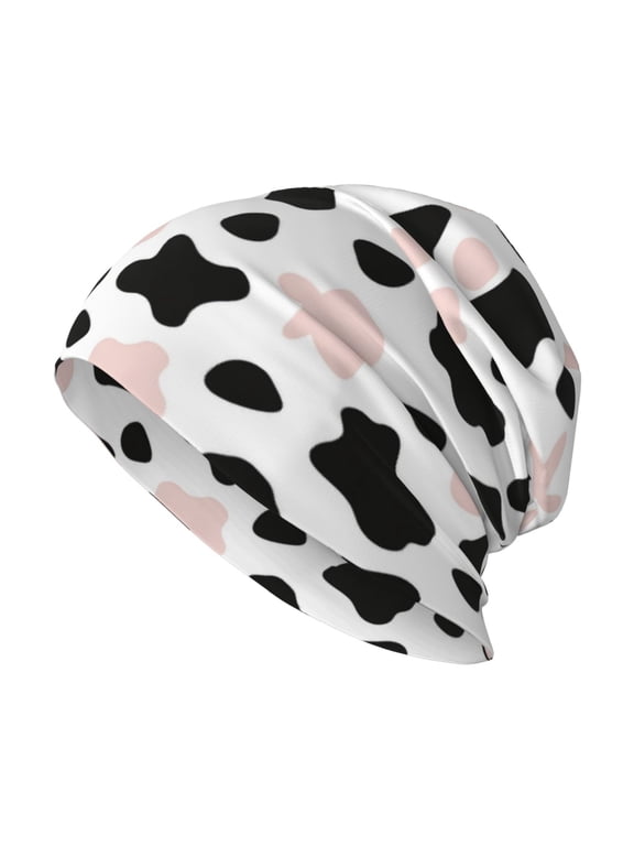 Milk Silk Knitted Pullover Hat 1110.6in Double Layer Design Strong Sweat Absorption For Daily Exercise Travel Simple Cow Print Pattern White Background, Pink And White_3