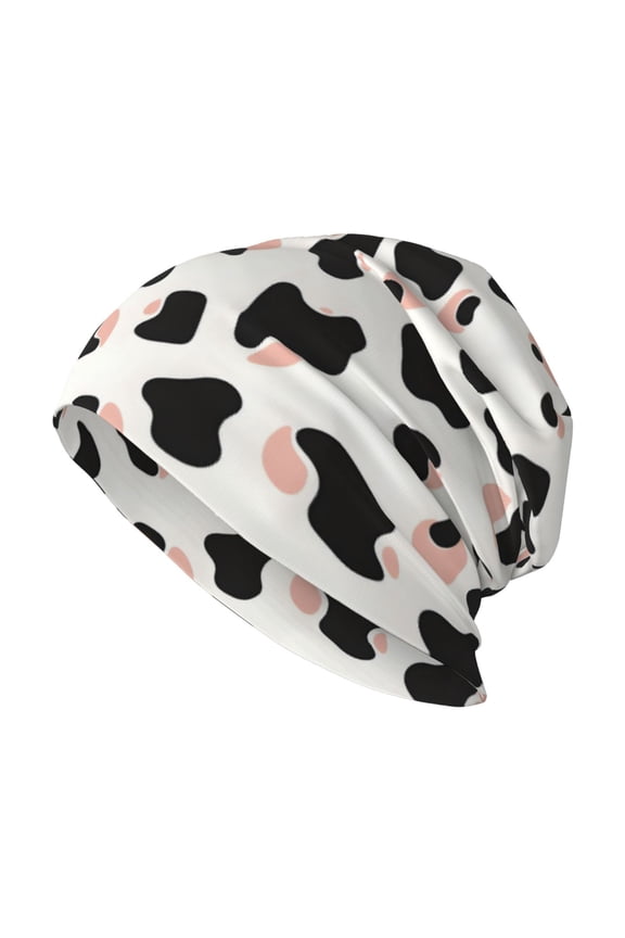 Milk Silk Knitted Pullover Hat 1110.6in Double Layer Design Strong Sweat Absorption For Daily Exercise Travel Simple Cow Print Pattern White Background, Pink And White_2