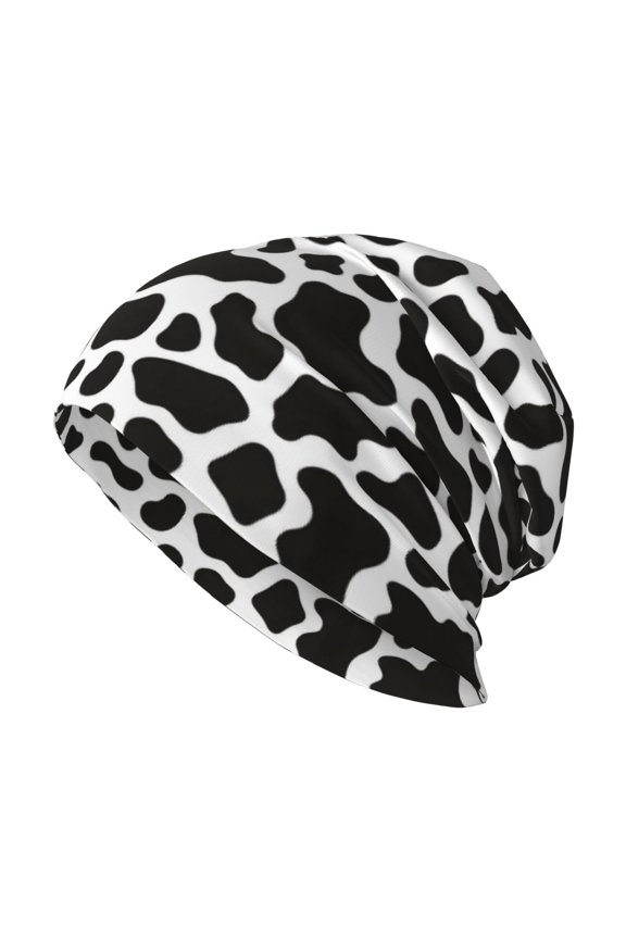 Milk Silk Knitted Pullover Hat 1110.6in Double Layer Design Strong Sweat Absorption For Daily Exercise Travel Black White Cow Print