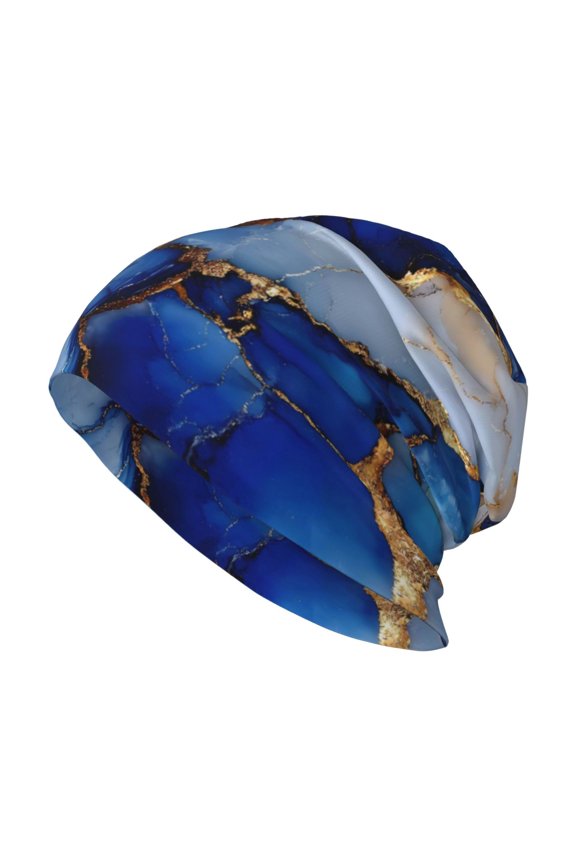 Milk Silk Knitted Pullover Hat 1110.6in Double Layer Design Strong Sweat Absorption For Daily Exercise Travel Blue And White Gold Marble