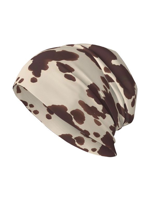 Milk Silk Knitted Pullover Hat 1110.6in Double Layer Design Strong Sweat Absorption For Daily Exercise Travel Dark Brown Cow Pattern
