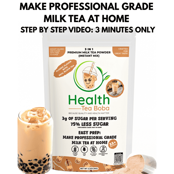 Milk Tea Boba Powder Professional-Grade, Real Black Tea, Low Sugar, Low Fat, Gluten-Free 33+ Servings (2.2 LB)