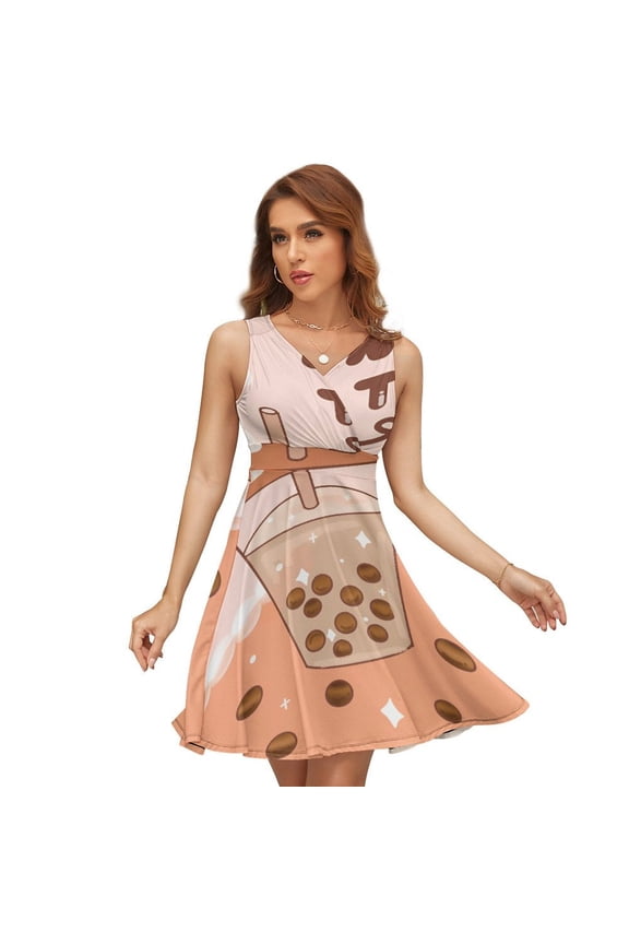 Milk Tea Drink Cute Design Dress Summer Street Style Dresses Female Sleeveless Printed Sundress