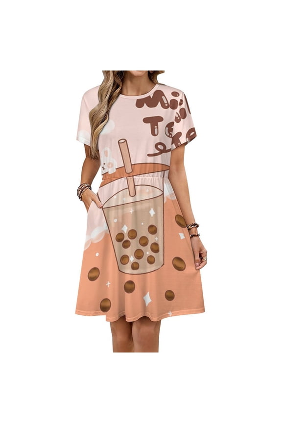Milk Tea Drink Cute Design Sundress Short Sleeve Dress Summer Women Clothes Dress for Women Dresses