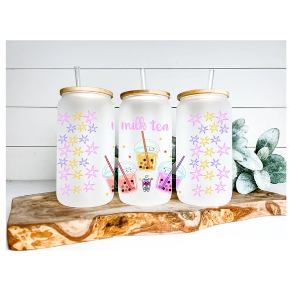 Milk Tea Stars | Boho Kawaii Coffee Glass | Aesthetic Coffee Glass | 16 oz