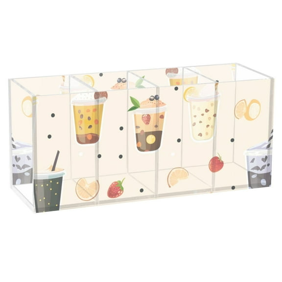 Milk Tea and Fruit Acrylic Pencil Pen Holder Cup 4 Compartments Desktop Organiser 7.87"x2.78"x3.54"