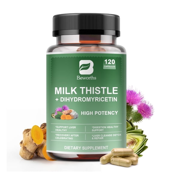 Milk Thistle Capsules, Silymarin Marianum & Dandelion Plus Turmeric Support Liver Function, Antioxidant, Overall Health,120 Count
