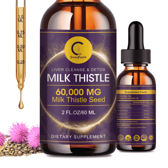 Milk Thistle Extract Liquid for Liver Cleanse Detox & Repair, Liver Supplement with Dandelion Root, Artichoke and Turmeric, Natural Herbal Liver Support Supplement, Vegan, Non-GMO, 2 fl oz
