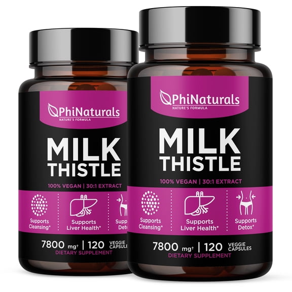 Milk Thistle Silymarin Supplement (Pack of 2) 30x Extract (Standardized 30:1) by Phi Naturals | 150 mg Per Capsule - 120 Capsules | Supports Liver Cleanse, Detox and more