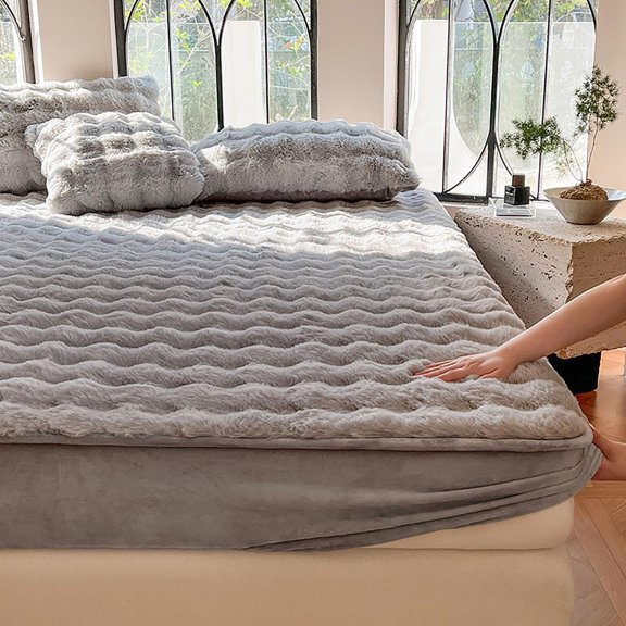 Milk Velvet Bedding Fitted Sheet Mattress Cover, Mattress Protector Bedspread, Quilted Elastic Bed Sheet, Plush Stretchable Non-Slip Bed Covers, Winter Full Size Thick Fitted Sheet
