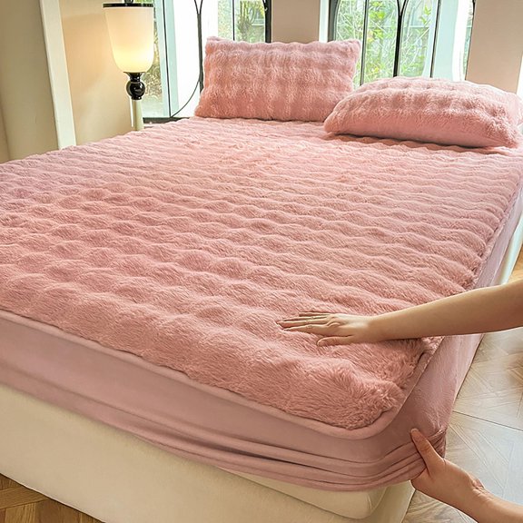 Milk Velvet Bedding Fitted Sheet Mattress Cover, Mattress Protector Bedspread, Quilted Elastic Bed Sheet, Plush Stretchable Non-Slip Bed Covers, Winter Full Size Thick Fitted Sheet