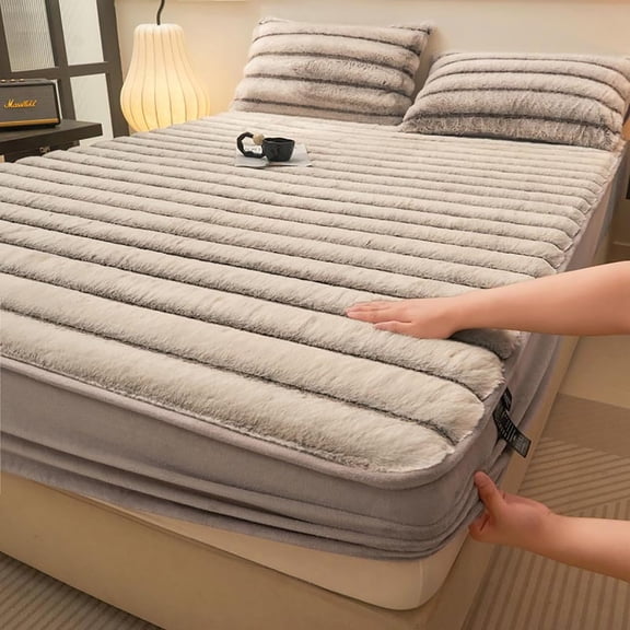 Milk Velvet Bedding Fitted Sheet Mattress Cover, Mattress Protector Bedspread, Quilted Elastic Bed Sheet, Plush Stretchable Non-Slip Bed Covers, Winter Full Size Thick Fitted Sheet