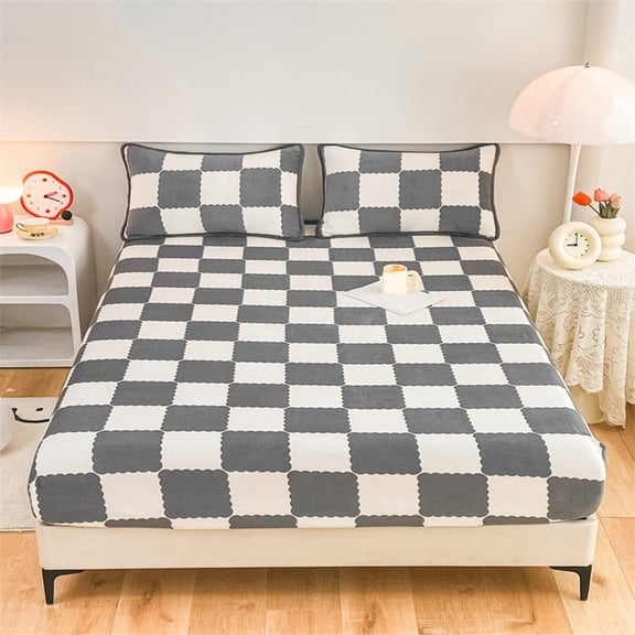 Milk Velvet Checkered Fitted Sheet, Soft Velvet Fleece Mattress Protector, Super Soft Cozy Comfy Flannel Bottom Sheet, Winter Warm Breathable Non Slip Quilted Fitted Sheet (Gray, 150x200cm)