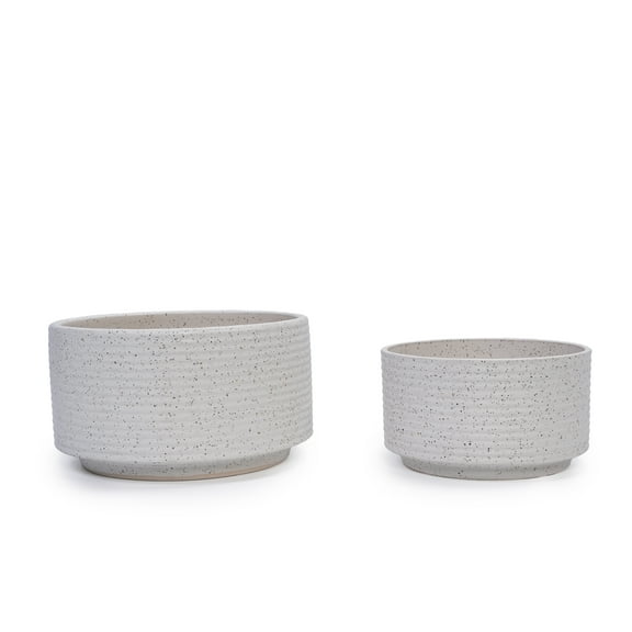 Milk White Ceramic Planters 2-Pack with Drainage Hole, Ribbed Textured Flower Pots for Indoor Outdoor Use - All-Weather Modern Planters for Patio Garden Windowsill Decor