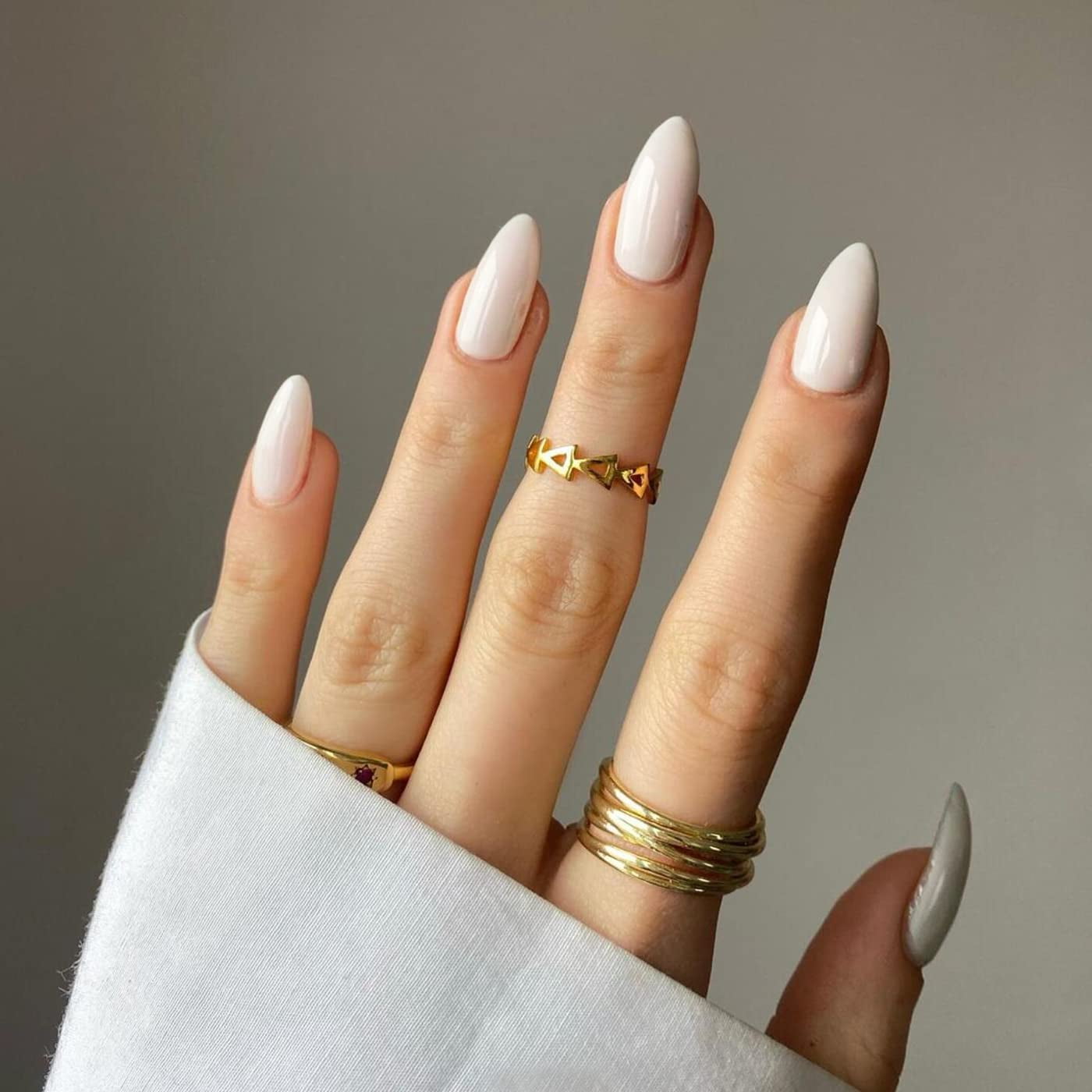 Milk White Press on Nails Almond, Fake Nails Medium Length Glue on Nails Almond Shape Nails