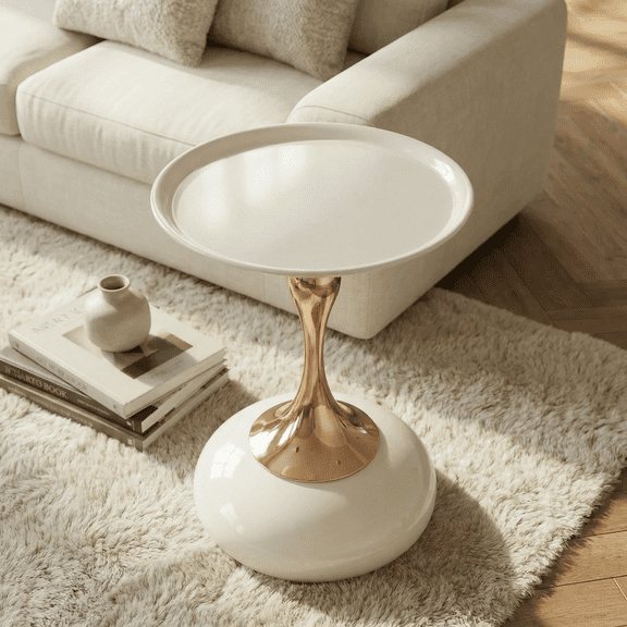 Milk White Round Side Table, 15" Carbon Steel Accent Table with Gold Finish, Small Coffee Table for Living Room/Bedroom/Office