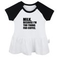 thumbnail image 1 of Milk Because I'm Too Young For Coffee Funny Dresses For Baby, Newborn Babies Skirts, Infant Princess Dress, 0-24M Kids Graphic Clothes (Black Raglan Dresses, 18-24 Months), 1 of 5