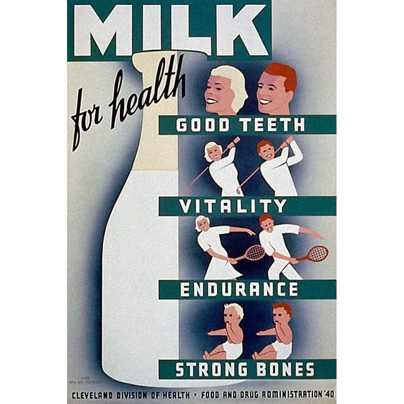 Milk - for health, good teeth, vitality, endurance, strong bones Poster Print by WPA WPA (24 x 36)