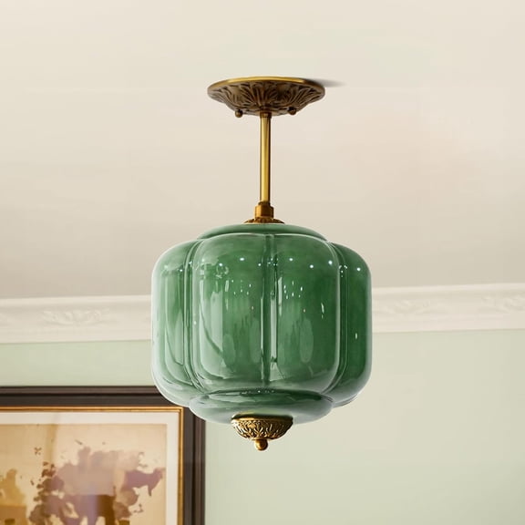 Milk glass ceiling light fixture- bronze semi-recessed chandelier suitable for kitchen, hallway and bedroom (green, 9 inches)